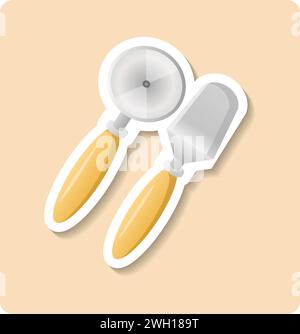 Tableware sticker illustration. Kitchen spatula, pizza knife, handle, steel. Editable vector graphic design. Stock Vector