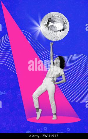 Vertical creative collage image of funny young female excited dancing club have fun discoball surrealism magazine metaphor sketch Stock Photo