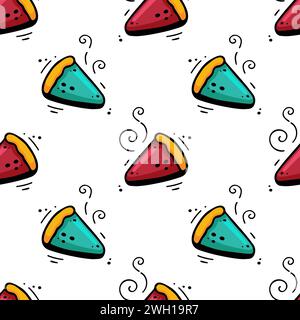 Piece of pie seamless pattern. Sketch of cheesecake. Hand drawn fast food, home food vector illustration in doodle style. Colorful Cherry pie hand drawn with felt-tip pen. Stock Vector