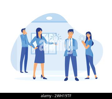 Brainstorm, idea discussion. Business team finding solution, thinking, sharing offers, light bulbs. flat vector modern illustration Stock Vector