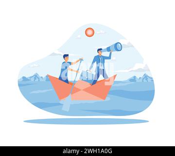 Businessman looking through a telescope by two business people standing with oars floating on a paper boat in the sea. flat vector modern illustration Stock Vector