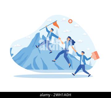 Leader helps team climb cliff and achieve goals, business concept of leadership and teamwork. flat vector modern illustration Stock Vector