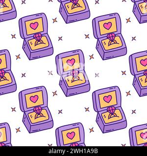 Seamless pattern with diamond ring in open purple box. Gift for beloved on Valentines Day. Confession of feelings, proposal to get married. Colorful v Stock Vector
