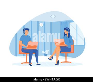 Man and woman with laptop communicates with client. Technical support for customers telephone hotline for business.flat vector modern illustration Stock Vector