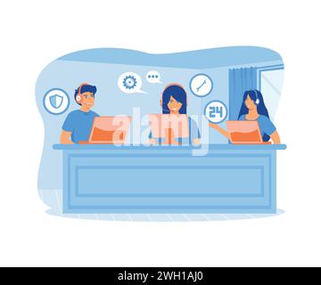 Customer service, hotline operator consulting with customer with headset on computer. flat vector modern illustration Stock Vector