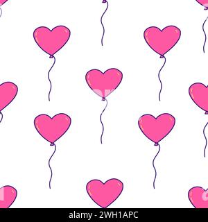 Seamless pattern with pink balloon in the shape of heart. Happy Valentines Day. Declaration of love and feelings, February 14th. On white background v Stock Vector