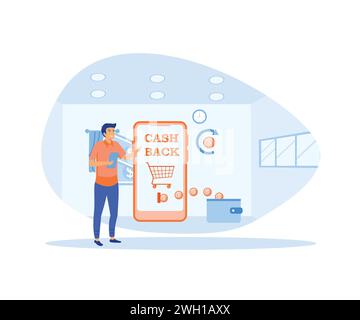Guy in smart phone returns percentage of money, coins, cash from purchases from online store to large wallet. flat vector modern illustration Stock Vector