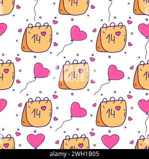Seamless pattern with tear-off calendar with date of February 14 and pink balloons. Colorful vector illustration doodle hand drawn. Happy Valentines D Stock Vector