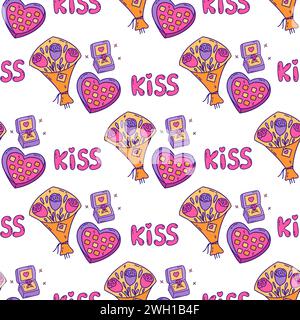 Seamless pattern with bouquet of roses, box of heart shaped chocolates, diamond ring and inscription kiss. Recognition or proposal. Valentines Day. Co Stock Vector