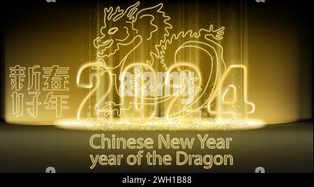 2024 Chinese New Year of the Dragon shining light sparkles background. Text translation Happy lunar new year, year of the dragon Stock Vector