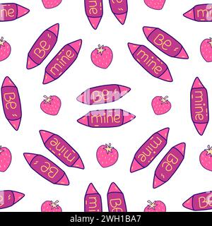 Seamless pattern with candies in pink wrapper with inscription Be Mine and strawberries. Sweet compliment for beloved on Valentines Day. Colorful vect Stock Vector