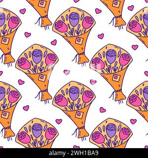 Seamless pattern with bouquet of roses in craft package with love note attached. Hearts around. Valentines Day. Colorful vector illustration hand draw Stock Vector
