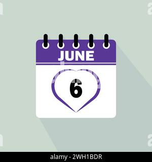 Icon calendar day - 6 June. 6th days of the month, vector illustration. Stock Vector