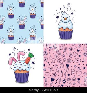Set of Cute Hand drawn Easter patterns, illustrations with Easter cake, rabbits ears, carrot, chick in cartoon style. Easter holiday design texture. Vector illustration. Doodle style. Stock Vector
