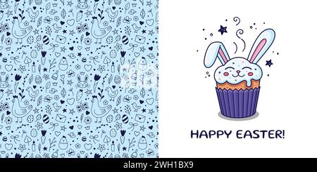Easter postcard with Easter cake, rabbit, hare, greeting in cartoon style. Set of Hand drawn Easter illustrations. Cartoon Kids design texture. Vector illustration. Doodle style. Stock Vector