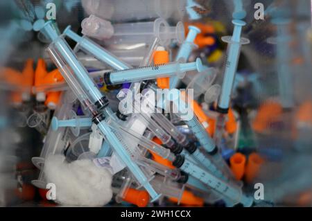 Cairo, Egypt, February 1 2024: medical waste of sharp needles, syringes ...