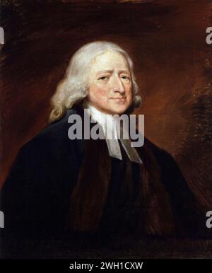 John Wesley (1703-1791), English cleric, theologian, and evangelist, Methodist leader, portrait painting in oil on canvas after George Romney, circa 1789 Stock Photo