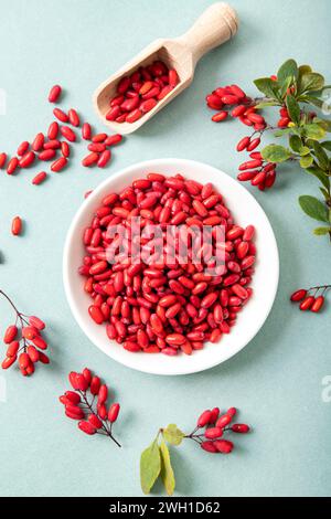 Pile of Berberis vulgaris also known as common barberry, European barberry or barberry on plate on blue background. Edible herbal medicinal fruit. Stock Photo