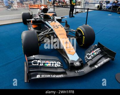 Three-quarters front view of Lando Norris and Oscar Piastri's 2023, McLaren MCL60 Formula One Car, on display at the 2023 Silverstone Festival Stock Photo