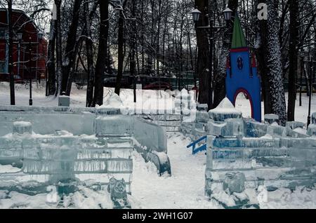 Figures and buildings made of ice in a park, Moscow Stock Photo