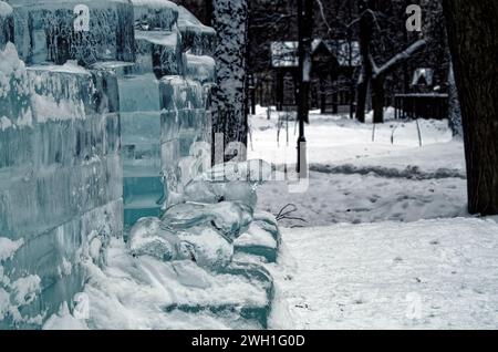 Figures and buildings made of ice in a park, Moscow Stock Photo