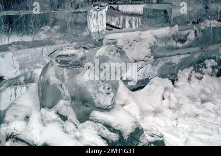 Figures and buildings made of ice in a park, Moscow Stock Photo