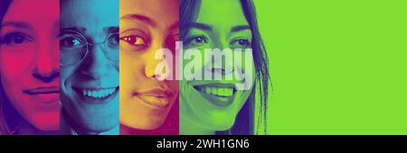 Collage. Young people different gender, age and nationality smiling against multicolored background. Duotone Stock Photo