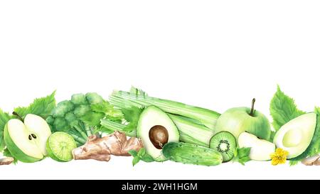 Watercolor horizontal seamless banner, border with green fruits and vegetables. For clip art menu label package Stock Photo