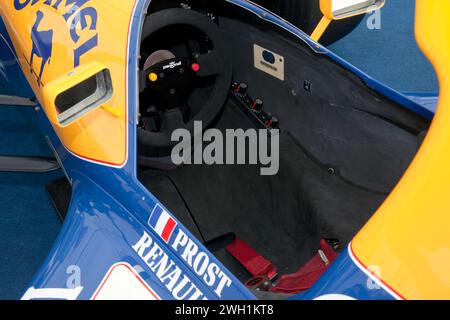 Close-up view of the Cockpit of Alan Prost's Championship Winning 1993 Williams FW15C formula One Car, on display at the 2023 Silverstone Festival Stock Photo