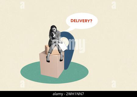 Creative collage picture illustration image monochrome effect sadness serious thoughtful young lady questions delivery beige background Stock Photo