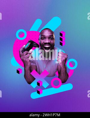 Happy smiling African man with game controller showing winning emotions, playing online video games against gradient neon background. Streaming Stock Photo