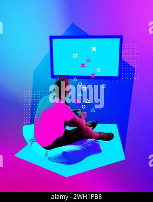 Man sitting on floor with came controller and playing online games on large screen against gradient neon background. Streaming. Online gaming culture Stock Photo