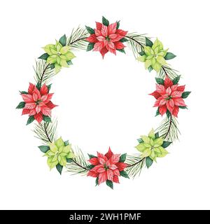 Wreath with watercolor hand draw flowers of poinsettia. Stock Photo