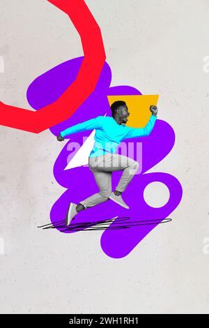 Collage 3d pinup pop retro sketch image of excited funky guy running fast shopping isolated painting background Stock Photo