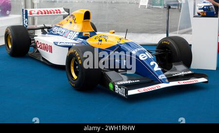 Three-quarters front view of the  Williams 1993, FW15C formula One Car, driven by Alan Prost, on display at the 2023 Silverstone Festival Stock Photo