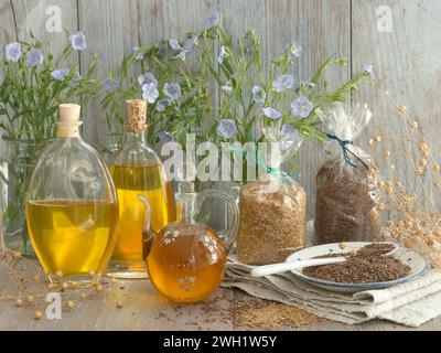 Bottles of linseed oil Stock Photo