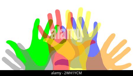 Colorful transparent silhouettes of human hands isolated on white background. Waving, greetings, festival Stock Photo