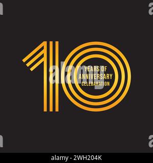 10 year anniversary gold color logo on black background. 10 years anniversary celebration event, invitation card, greeting card, banner, poster, flyer Stock Vector
