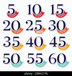 Set of Year anniversary celebration logo design. 5 year anniversary. 10th, 15th, 20th, 25th, 30th, 35th, 40th, 45th, 50th, 60 year anniversary vector Stock Vector