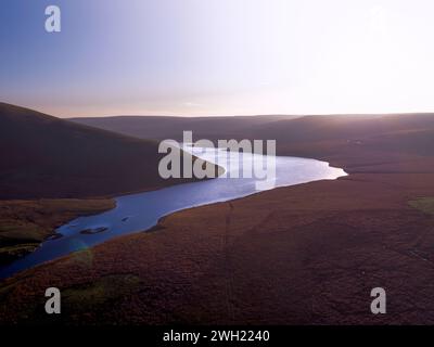 The Elan Valley Reservoirs are a chain of man-made lakes created from damming the Elan and Claerwen rivers within the Elan Valley in Mid Wales. Stock Photo