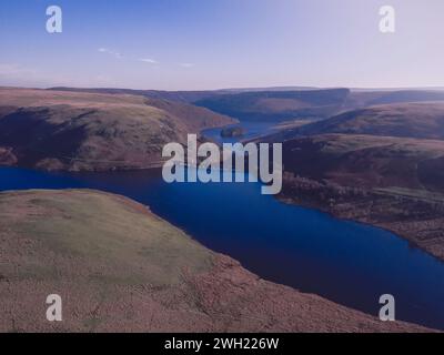 The Elan Valley Reservoirs are a chain of man-made lakes created from damming the Elan and Claerwen rivers within the Elan Valley in Mid Wales. Stock Photo