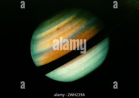 Planet Saturn photographed from the space probe Voyager 1, 1980 Stock Photo
