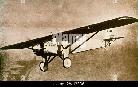 American aviator Charles Lindbergh flying across the Atlantic with the aircraft Spirit of St Louis, 1927 Stock Photo