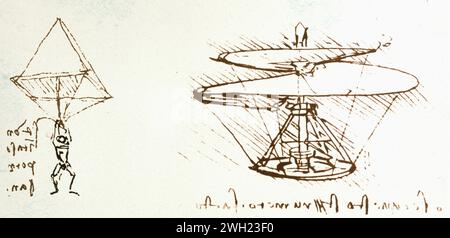 Parachute and aerial screw or helicopter, drawings by Italian artist Leonardo da Vinci, Italy 1400s Stock Photo