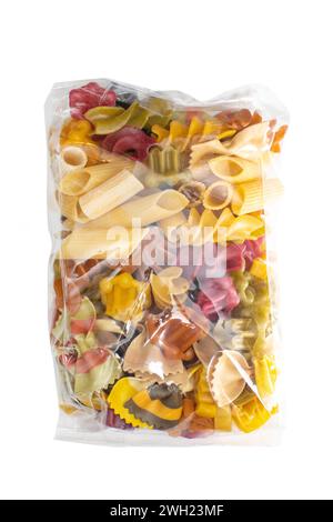 plastic bag of various types of pasta isolated on white background Stock Photo