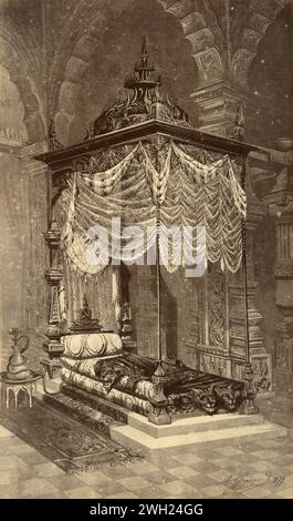 Louis XVI XVIII century Empire style four poster bed, drawing by French artist Alfred Guinard, France 1881 Stock Photo