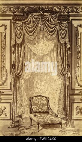 Louis XVI, XVIII century style transparent double curtain, drawing by French artist Alfred Guinard, France 1881 Stock Photo