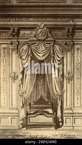 Louis XVI, XVIII century style alcove bed, drawing by French artist Alfred Guinard, France 1881 Stock Photo