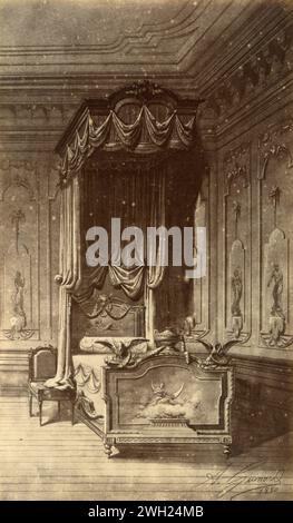 Louis XVI, XVIII century style bed with embroidered curtains, drawing by French artist Alfred Guinard, France 1881 Stock Photo