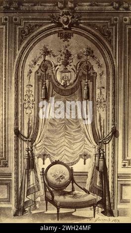 Louis XVI, XVIII century style valance tapestry window, drawing by French artist Alfred Guinard, France 1881 Stock Photo